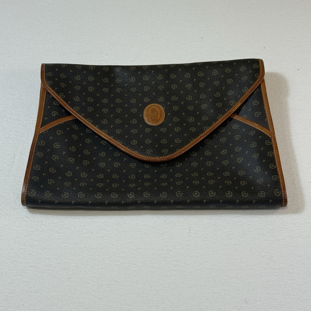 Vintage Pollini Monogram Leather Stylish Designer Satchel‎ Briefcase Bag Italian